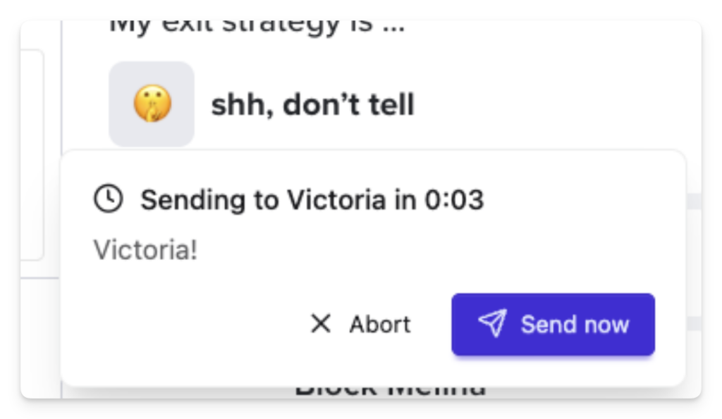 Scheduled reply countdown card on Tinder with Abort and Send now buttons before auto-sending