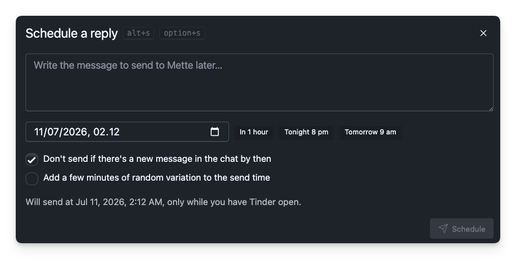Schedule a reply dialog on Tinder with message box, send time presets and safety options