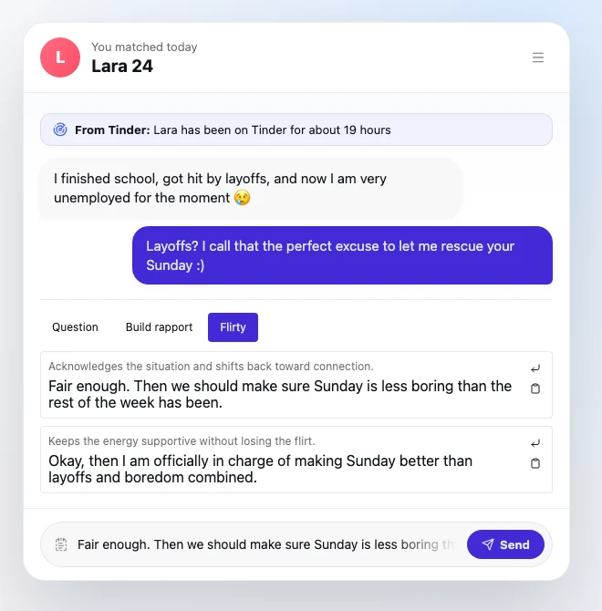 The Botly suggestion row open in a chat, showing two generated reply suggestions each with a short reason above it