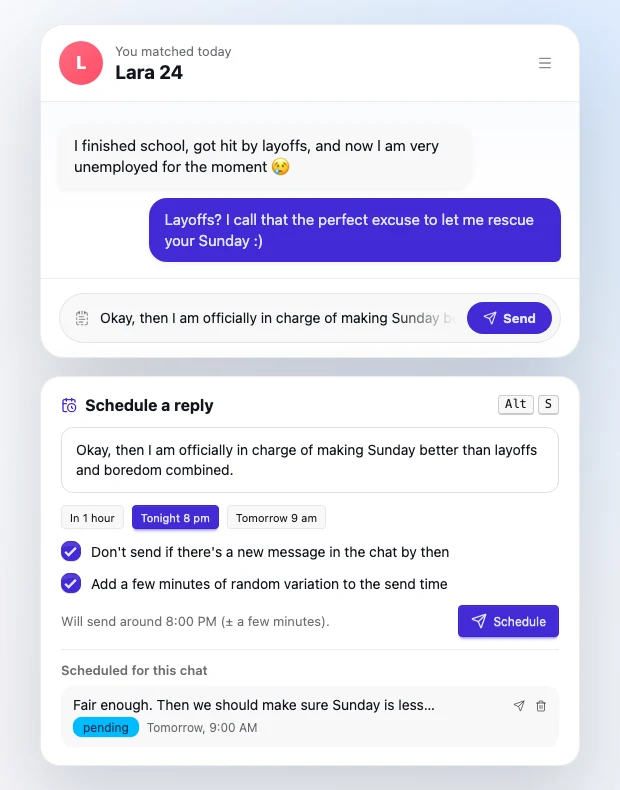 The Schedule a reply dialog on a Tinder chat, showing the In 1 hour, Tonight 8 pm and Tomorrow 9 am presets and the option to skip sending if a new message arrives